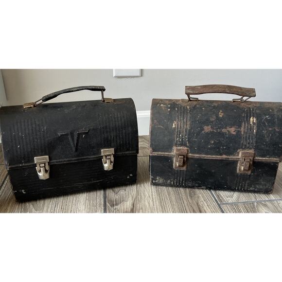 Lot of 2 Vintage Black Metal Dome Lunch Box Grandpacore Steampunk Upcycle - Picture 1 of 12